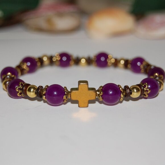 Cross Bracelet,Rosary Bracelet,Purple Stone Bracelet,Cross Rosary Bracelet,Purpl - Picture 2 of 5